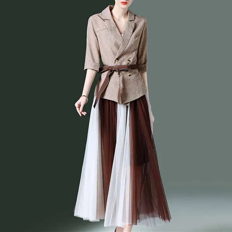 

2019 Women Fashion Casual Skirt Set Office Lady Elegant Two Piece Set Blazer And Pleated Skirt Matching Sets