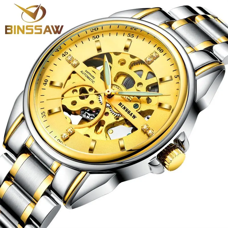 

BINSSAW Original Luxury Brand Stainless Steel Fashion Men Clock Automatic Mechanical Waterproof Skeleton Business Sports Watch