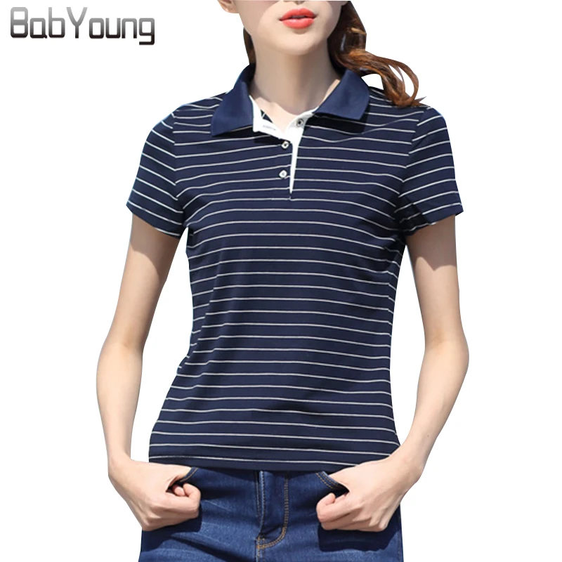 BabYoung 2017 Mulheres Marcas de Camisas Pólo de Verão Curta de Algodão da Listra sleeve Tops Magro Respirável Azul Marinho Camiseta Femme Tops 6XL