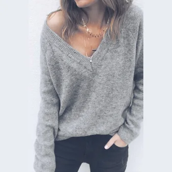 

New Female V-neck Pullovers Cashmere Sweater Pure Solid Soft Comfortabl Casual Loose Basic Knitted Spring Autumn Tops 6Q1788