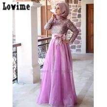 WH62 Turkey Kaftans with Bow Sequins Long Muslim Dresses Party Evening with Hijab A Line Dubai Formal Dresses