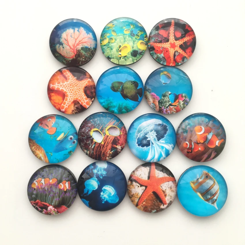 

Free shipping (14pcs/lot)Cute Sea Animal Crystal Glass Fridge Magnet Round Cartoon Fish message sticker for whiteboard kids gift