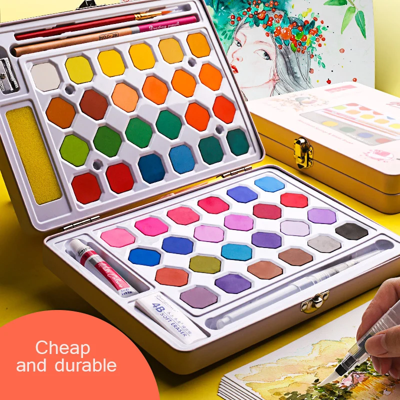 Günstige 24 farbe 36 farbe solide aquarell malen set farbe box tragbare eisen box abgabe pulver kunst liefert