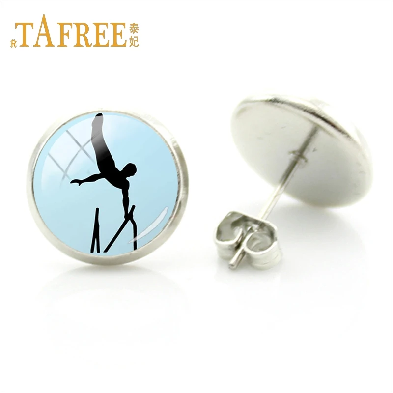 

TAFREE love gymnastic Round earrings sports enthusiasts souvenirs decorative Stud Earrings for women jewelry GY165
