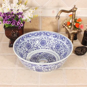 

China Ceramic porcelain wash basin Art Porcelain Bathroom Vessel Sinks Round above countertop wash basin blue and white