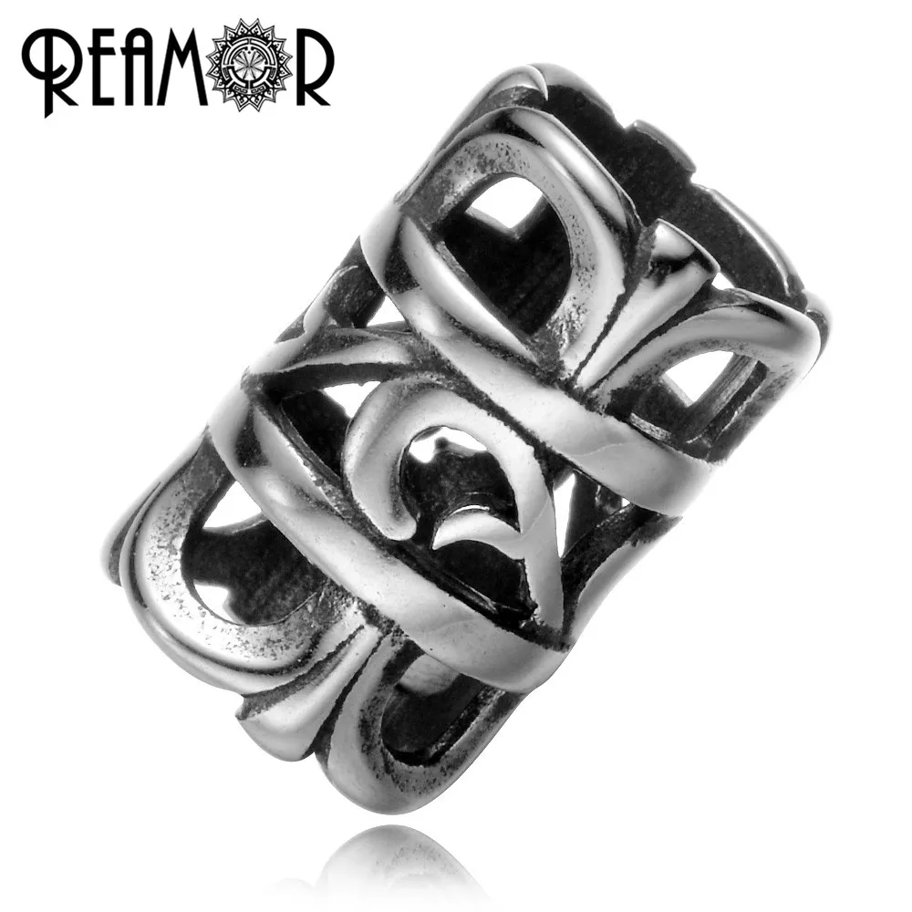 

REAMOR 5pcs 8mm 316l Stainless Steel Hollow European Big Hole Size Beads Charms For Leather Bracelet DIY Jewelry Making Beads