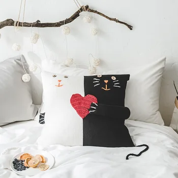 

Weave Pillow Case Heart Stitching Decorative Pillowcases Cotton Office Black White Cat Pillows Cover Wedding Room 45x45cm