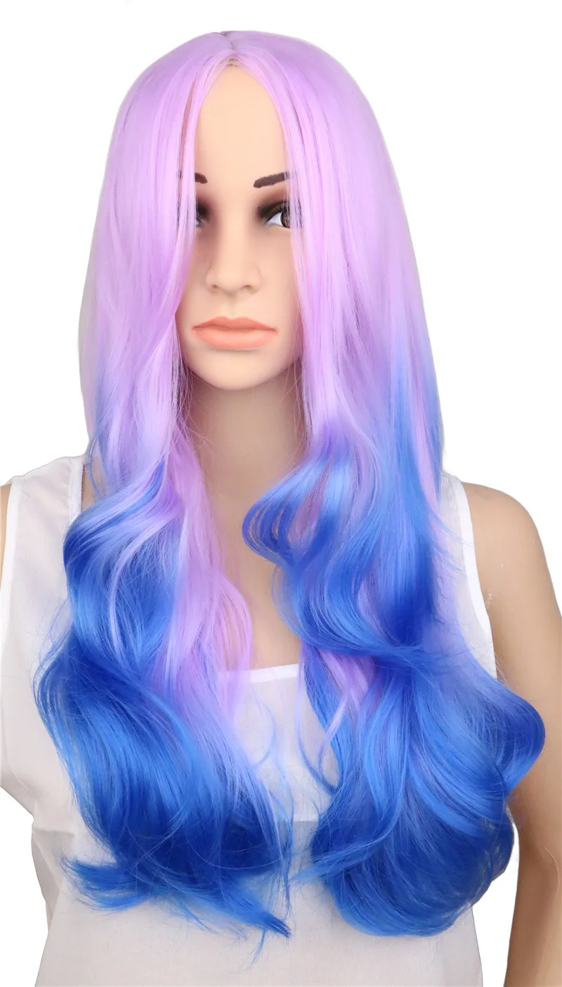 QQXCAIW Women Laides Long Wavy Party Cosplay Wig Purple To Blue Ombre