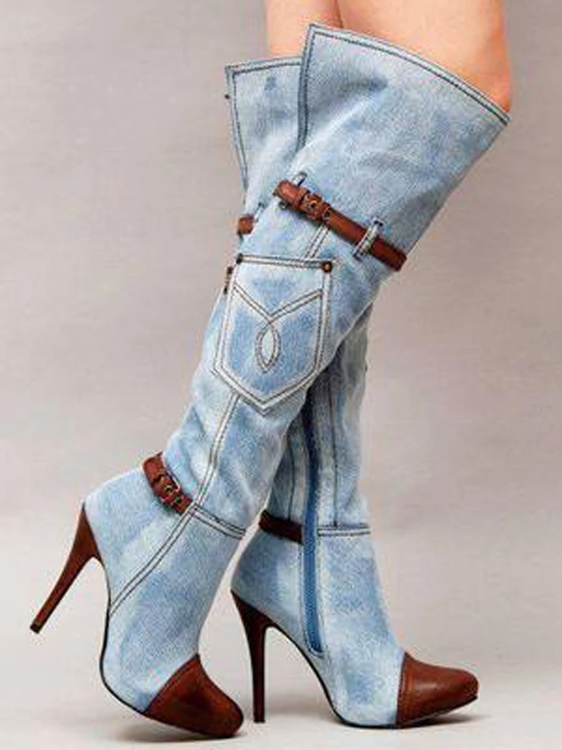 Sexy Women Denim Cloth High Heels Knee High Boots Ladies Pocket Decor
