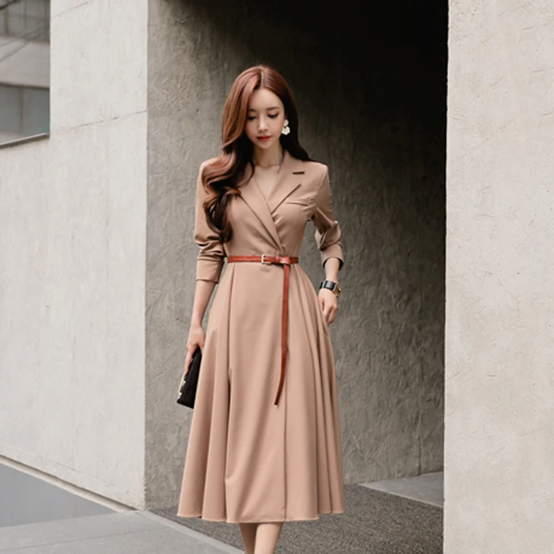 

Elegant V-neck Women A-line Dress Casual Full Sleeve Long Dress Sashes Pleated Patry Vestidos femme 2018 Autumn Winter