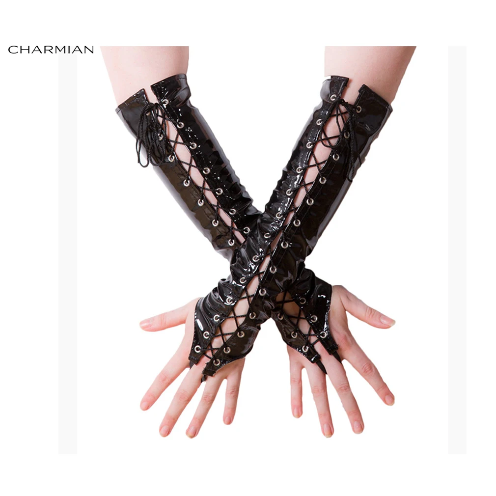 Женские модные перчатки Charmian черные длинные без пальцев на шнурках Клубные панк