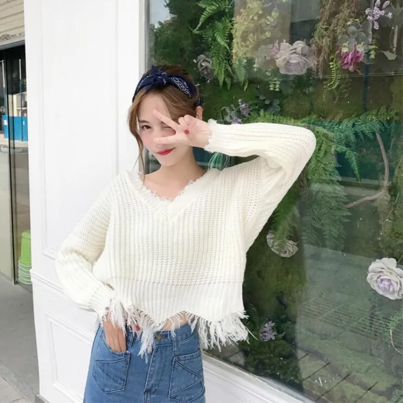 

Tassel Deep V Knitted Pullover Female Autumn Winter White Long Sleeve Knit Crochet Sweaters Women Cropped Jumper Pull Top