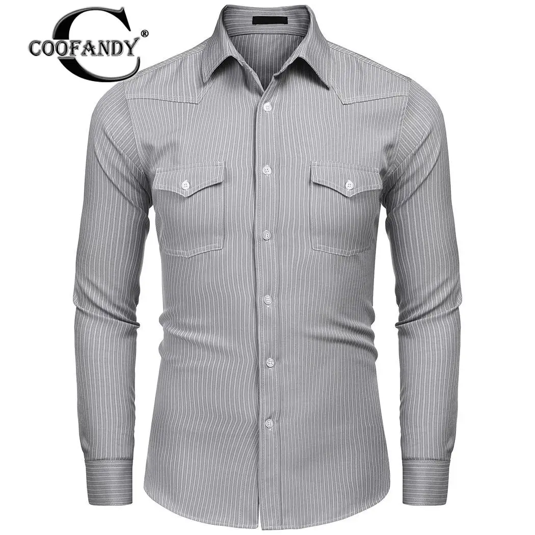 

Sleeve Collar Turn Business Long Pockets Shirt Down Casual Striped Buttons Autumn Spring Front Two Men Fashion