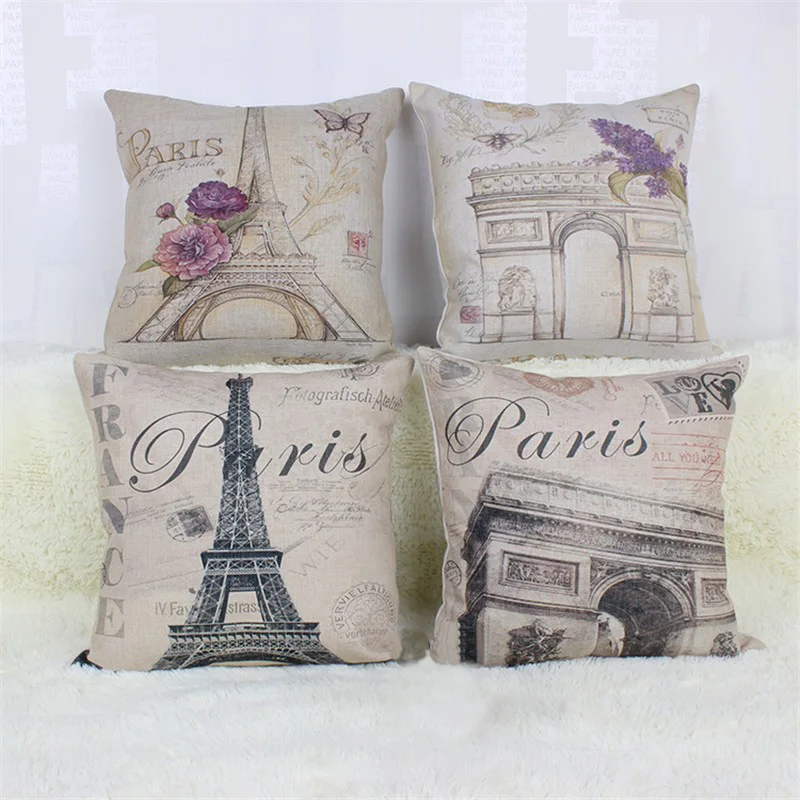 45*45cm Home Decorative Pillow Vintage Style Building Printed Throw Pillow Car Home Decor Linen ...