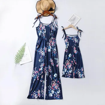 

Hotsales Spring Autumn Parent-child Sleeveless Flower Printed dress Girls long dress Dark blue color