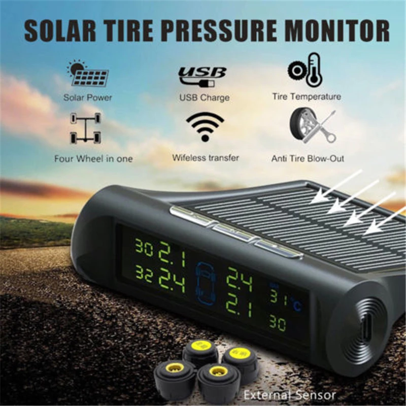 

JSEX Universal Solar Tire Pressure Monitoring Wireless Car Security Alarm System Digital Real-time Display Temperature 4 Sensors