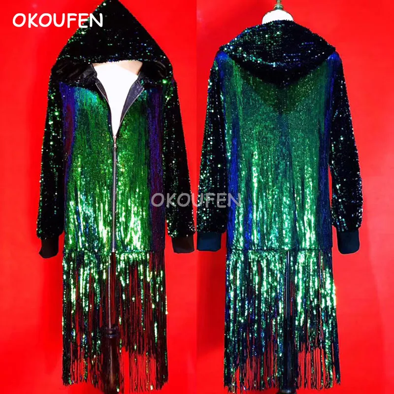 

Cool Man Green laser long tassel loose coat costume Nightclub bar male singer DS DJ stage show dance wear