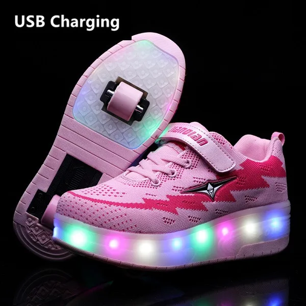 US $13.11 Two Wheels USB Charging Sneakers Red Led Light Roller Skate Shoes for Children Kids Led Shoes Boys 