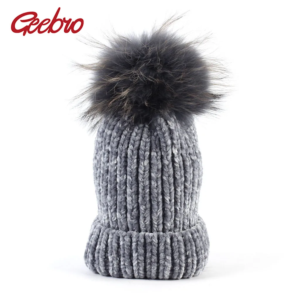 Geebro зимняя женская шапка бини с помпоном енота вязаный велюр Slouchy Beanie для женщин