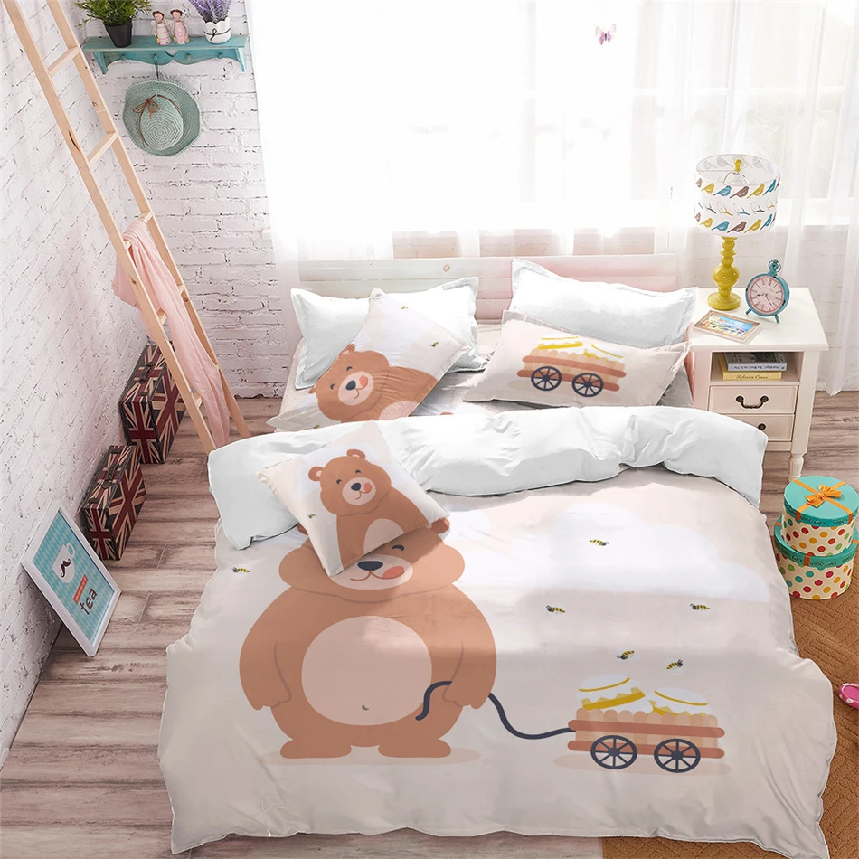 Kids Cartoon Bedding Set Girls Cute Bear Print Duvet Cover Set Twin Full King Queen Bed Cover