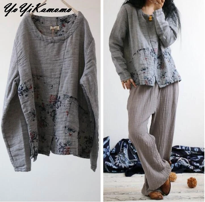 Primavera Yoyikamomo Mujeres Casual De 2018 rosado caqui azul Larga Vintage Lino Manga Floral Original Beige Nuevo Algodón Camisa Tops rqrYxpB
