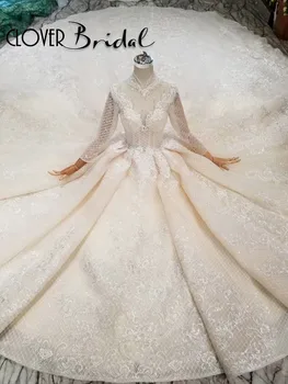 شراءCloverBridal Vestido دي Madrinha دي Casamento عارية الذراعين الدانتيل الكريستال الترتر الخرز ثوب زفاف خط الرقبة الوهم 2 متر