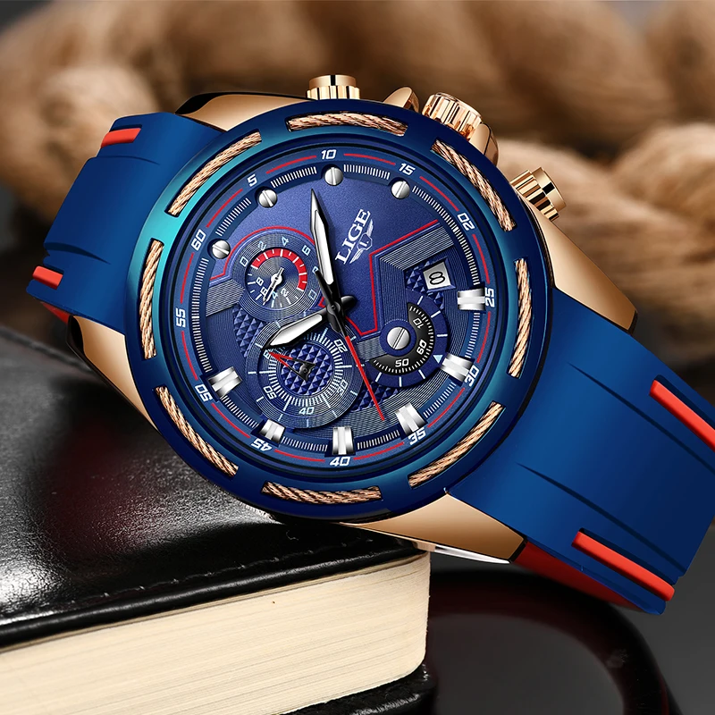 LIGE Mens Watches Top Brand Luxury Chronograph Waterproof Sport Quartz Watch Men Blue Fashion Army Wristwatch Relogio Masculino