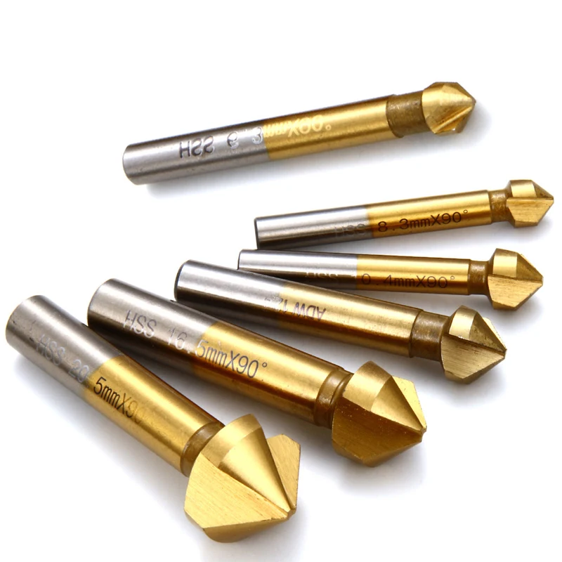 DWZ 6pcs  6.3mm-20.5mm Gold 90 Degree Wood Steel HSS Countersink Drill Bits Set