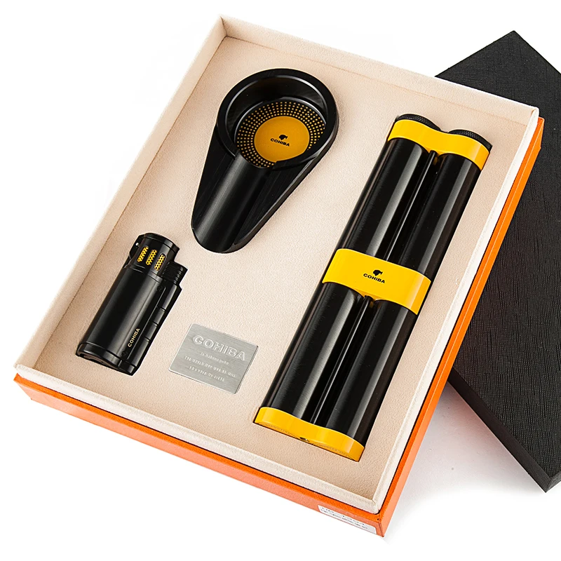

COHIBA Smoking Set Cigar Suit with 2 Tube Humidor + Ashtray +Cigar Lighter, Portable Travel Cigar Set