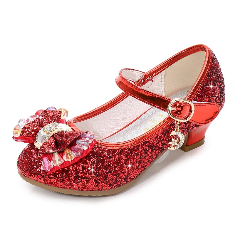 ULKNN Princess/детская кожаная обувь для девочек; Повседневная блестящая детская обувь на высоком каблуке с бантом-бабочкой; цвет синий, розовый, серебристый - Цвет: 116-9A red
