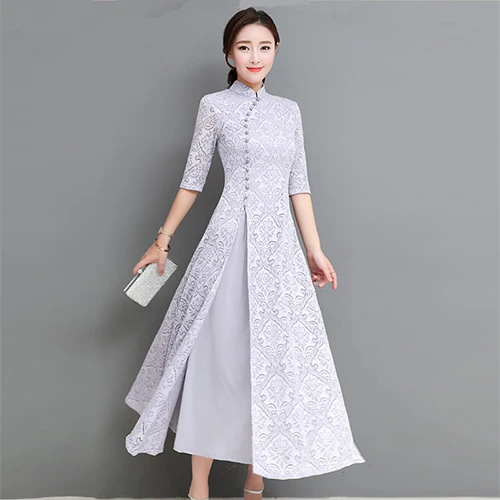 Летнее кружевное платье ретро темперамент тонкое средней длины платье улучшенное Cheongsam большой размер S-3XL Высокое качество платье - Цвет: grey