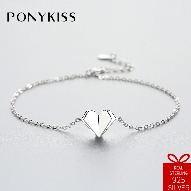 

PONYKISS Classic Real S925 Sterling Silver Chic Paper Heart Bracelets Women Festival Party Engagement Fine Accessory Cute Gift