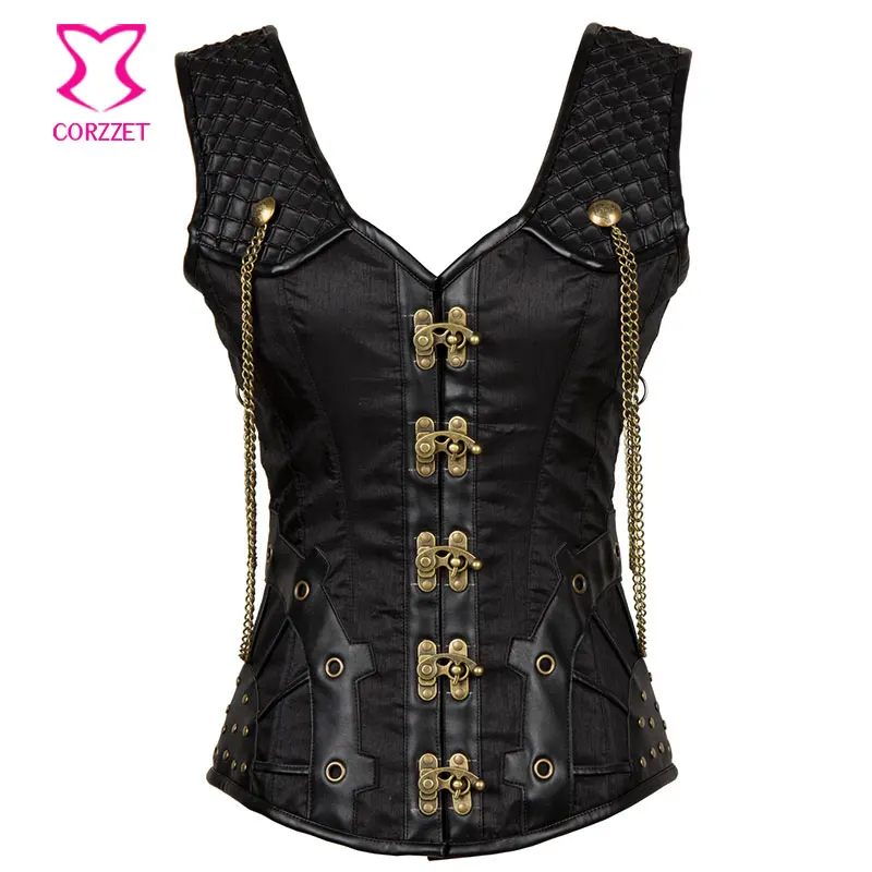 Vintage Black Satin And Leather Punk Gothic Clothing Plus Size Corset 6xl Steampunk Corsets And 