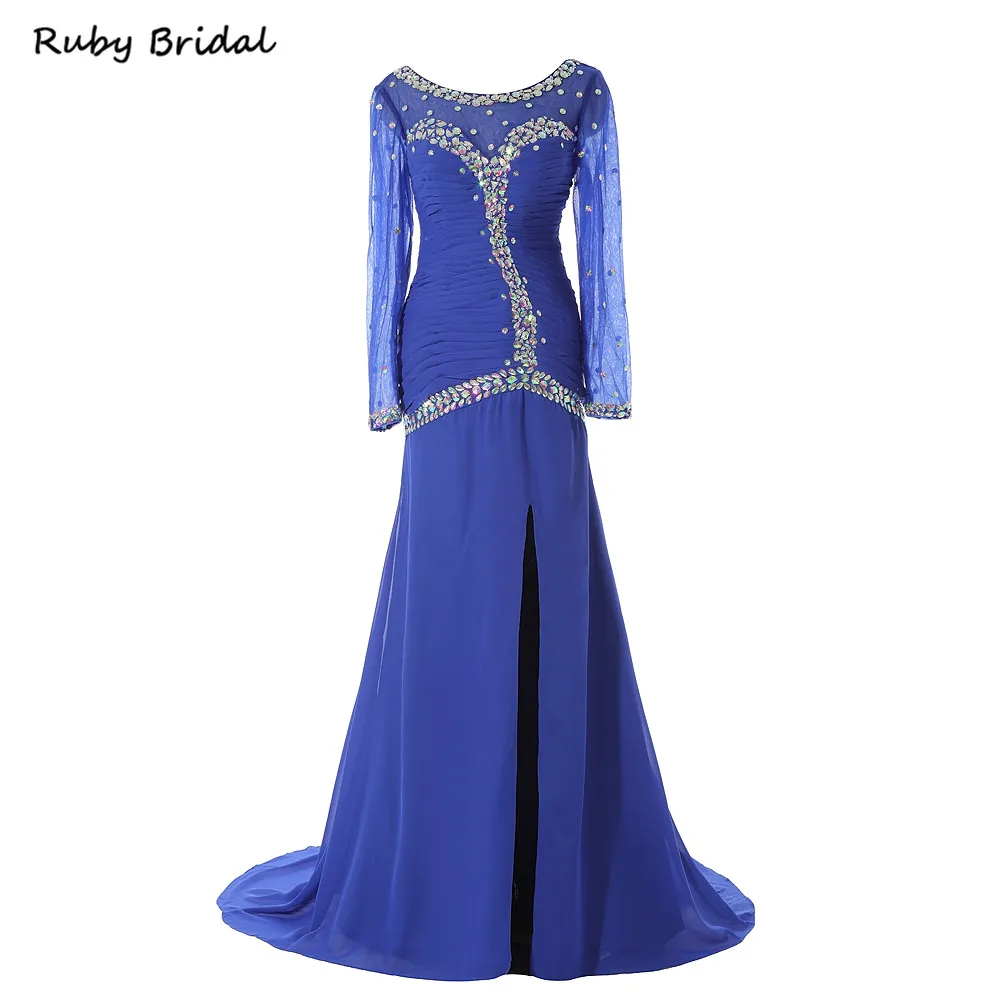 

Ruby Bridal 2017 Vestido De Festa Mermaid Prom Dresses Royal Blue Chiffon Crystals Luxury Long Sleeves Evening Party Gown KP36