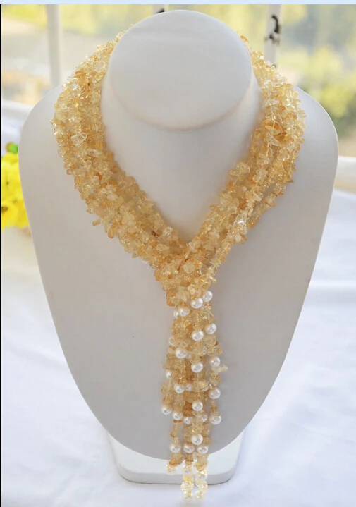 

>>>> Z6323 4strands 50" citrine detritus/ 8mm round freshwater pearl necklace
