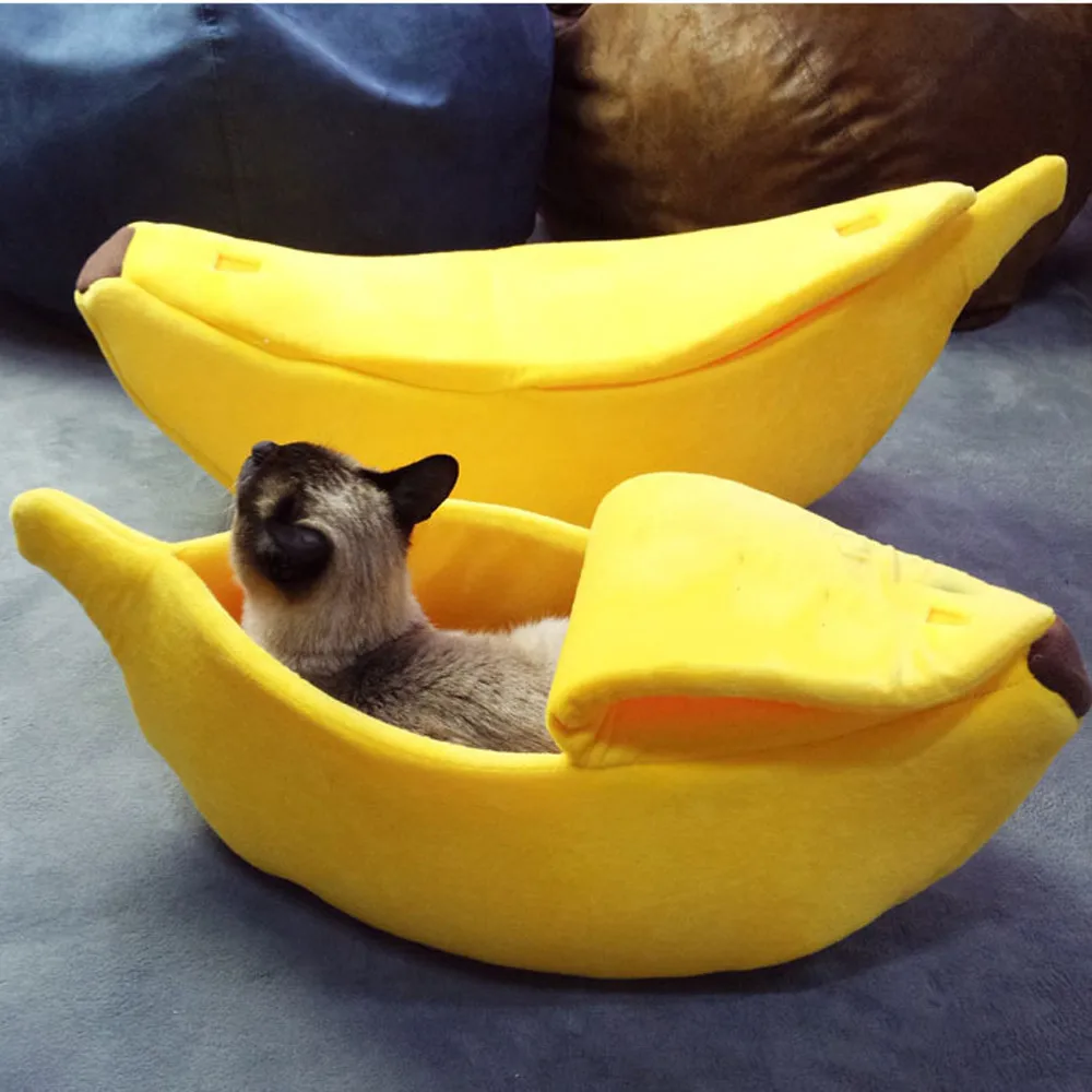 Small Pet Bed Banana Shape Fluffy Warm Soft Plush Breathable Bed Banana Cat Bed House Lovely
