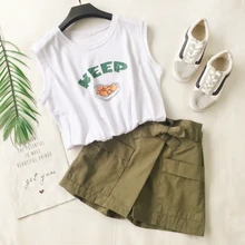 2019 Summer Women's Two-piece Korean Fashion Casual Printing Vest with Belted Shorts 2 Piece Set Women O-Neck Sleeveless 90s o ring detail self belted shorts