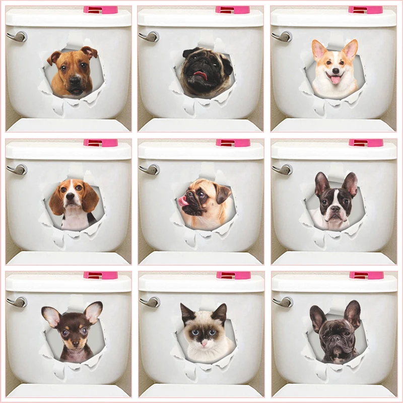 Funny Dog Cat 3d Hole Toilet Stickers For Washroom House Decoration Diy Ainimals Pvc Mural Art Cartoon Puppy Kitten  Kids Decals