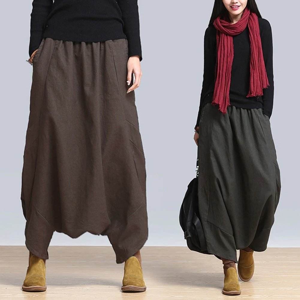 New Fashion Women Solid Color Elastic Waist Baggy Long Trousers Harem Pants