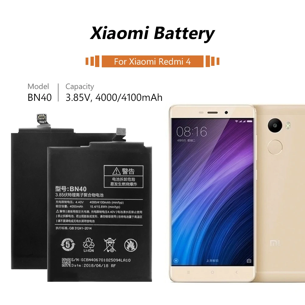 Аккумулятор для телефона 3,85 V 4000/4100mAh BN40 BN 40 литий-ионная аккумуляторная батарея для Xiaomi Redmi 4 Pro