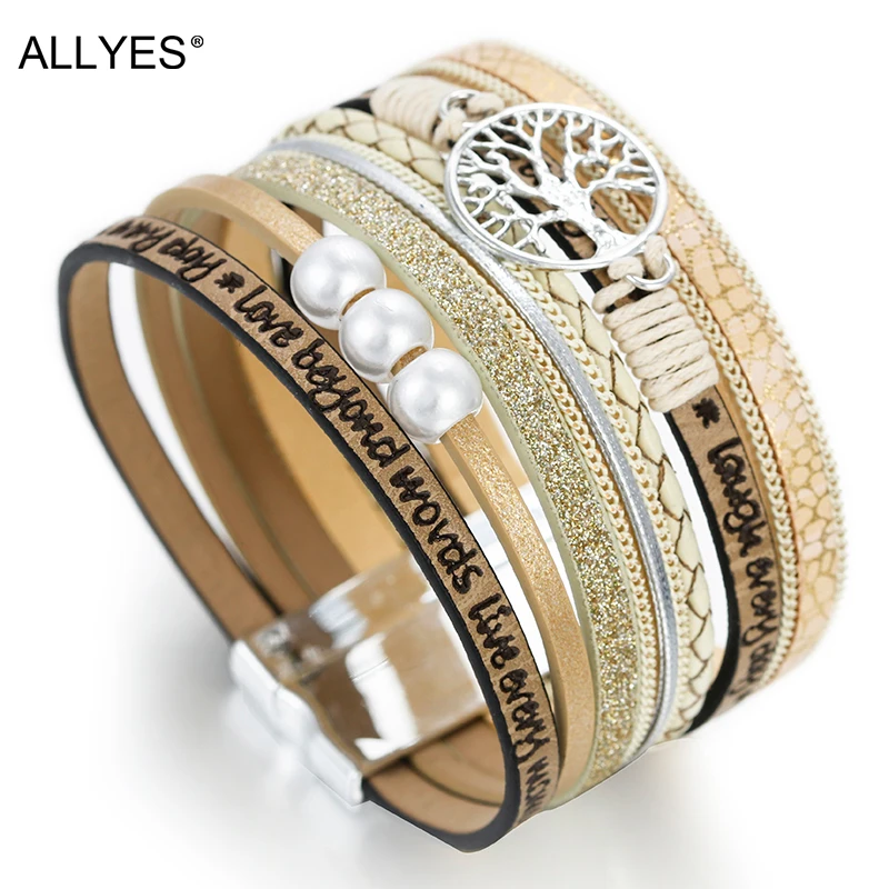 Pearl leather bracelet ALLYES tree of life charm for women men fashion bohemian multilayer wide wrap