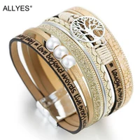 ALLYES Tree of Life Charm Pearl Leather Bracelets for Women Fashion Ladies Bohemian Multilayer Wide Wrap Bracelet Female Jewelry
