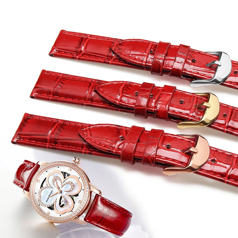 

Leather watchband red lady's cowhide watch strap 12 14 16 17 18 20mm Universal watch strap accessories free tools Free postage