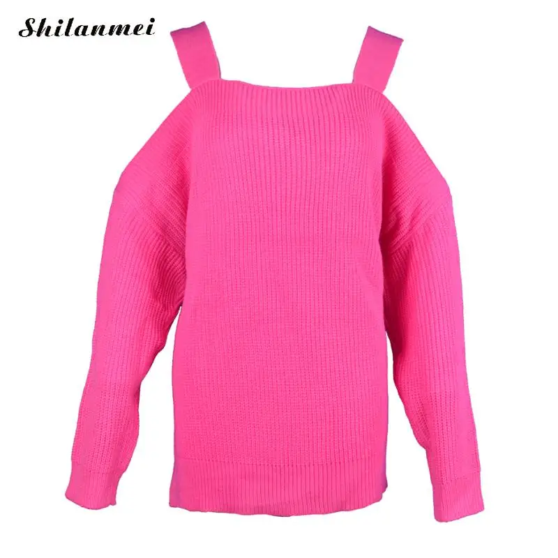 

Sexy Off Shoulder Knitted Pullovers 2019 Winter Sweaters Women Long Sleeve Solid Pink Pull Femme Casual Sweater Pullovers Tops
