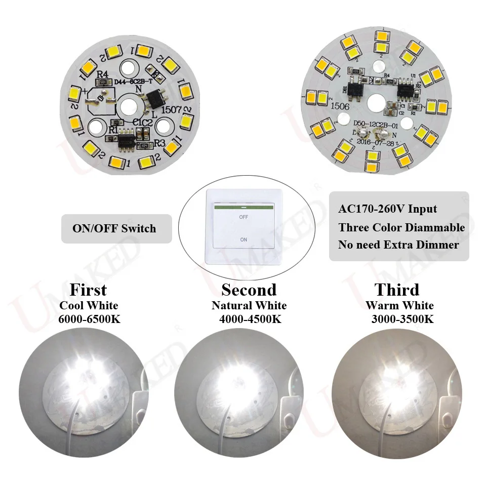AC220V светодиодный модуль с регулируемой яркостью PCB светильник с алюминиевой пластиной 3 цвета SMD2835 чип смарт IC драйвер PCB 3 Вт 5 Вт D44mm лампа для потолочного светильника DIY