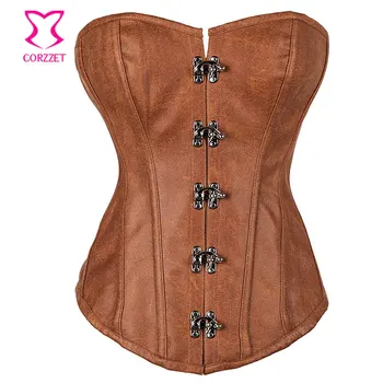 

Brown Faux Leather Steel Boned Corsetto Steampunk Corset Plus Size Corsets and Bustiers Sexy Gothic Clothing Korsett For Women