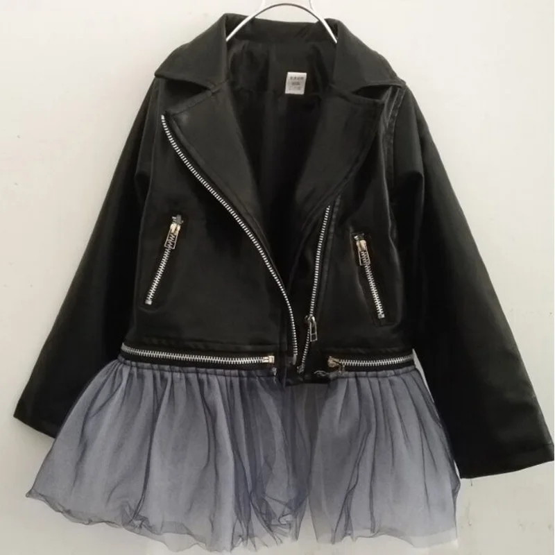 

2018 autumn winter hot children PU jacket, 2-8 year old fashion short diagonal zipper motorcycle leather jacccket with dress