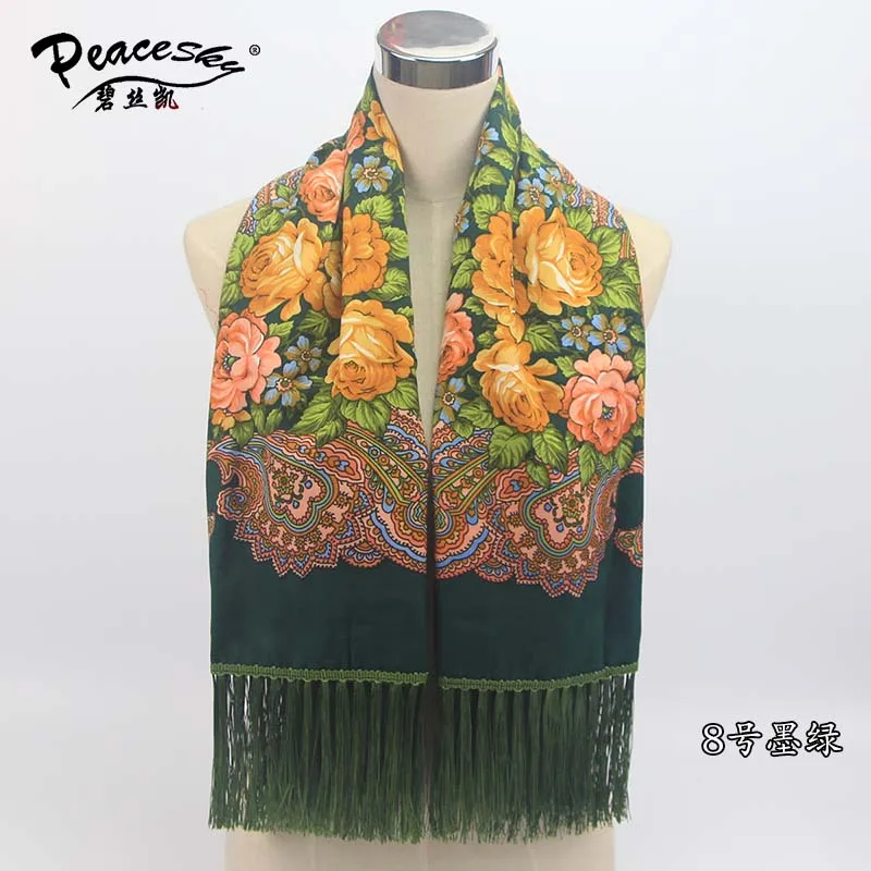 Роскошный бренд для женщин шарф с принтом русский этнический стиль хлопок цветочный узор кисточка зимний теплый квадратный шарф-одеяло - Цвет: Армейский зеленый