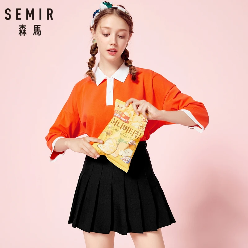 

SEMIR Women 100% Cotton 3/4 Length Sleeve Polo Shirt Women Contrast-Trimed Polo Shirt Printed Relax Fit for Spring Autumn