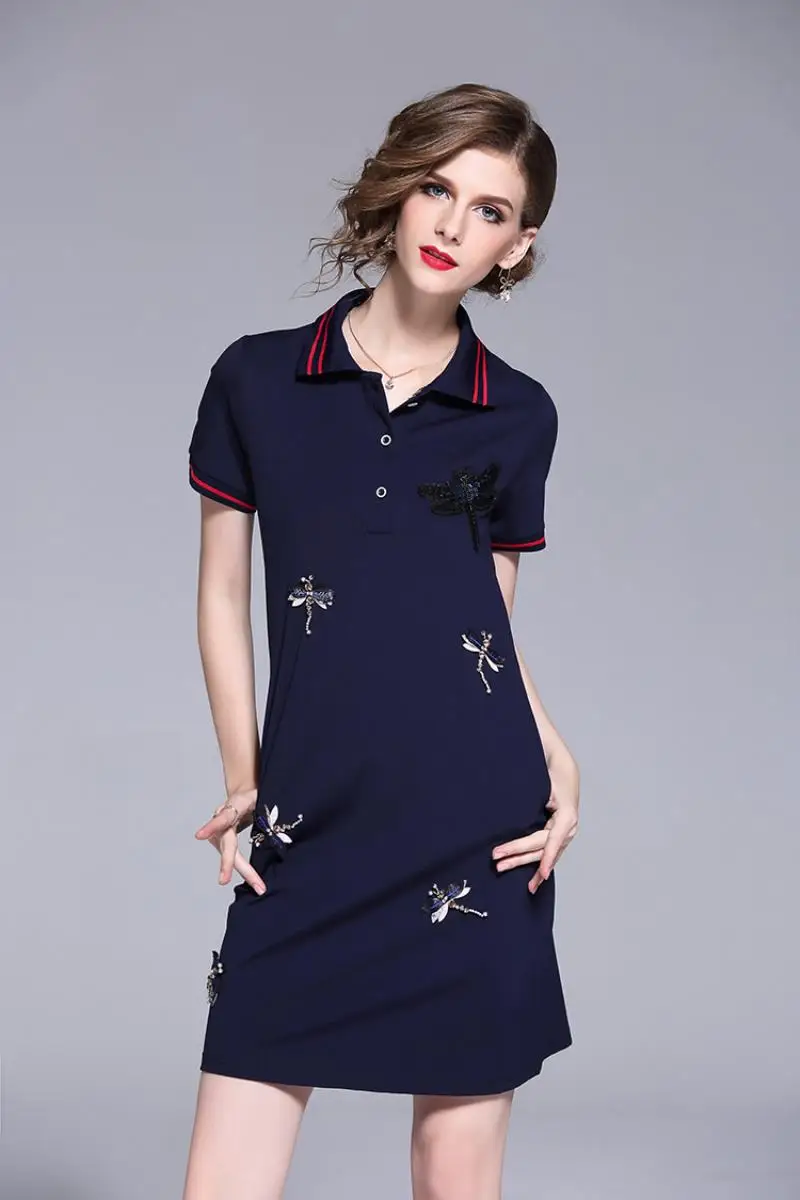 New Arrival 2018 Brand Clothing Summer Short Sleeved T-shirt Dress Women Embroidery Beading Casual White POLO Shirt Dress S-XXL